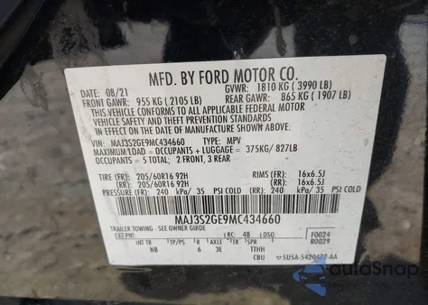 2021 Ford Ecosport Se из США, поврежденный, VIN MAJ3S2GE9MC434660